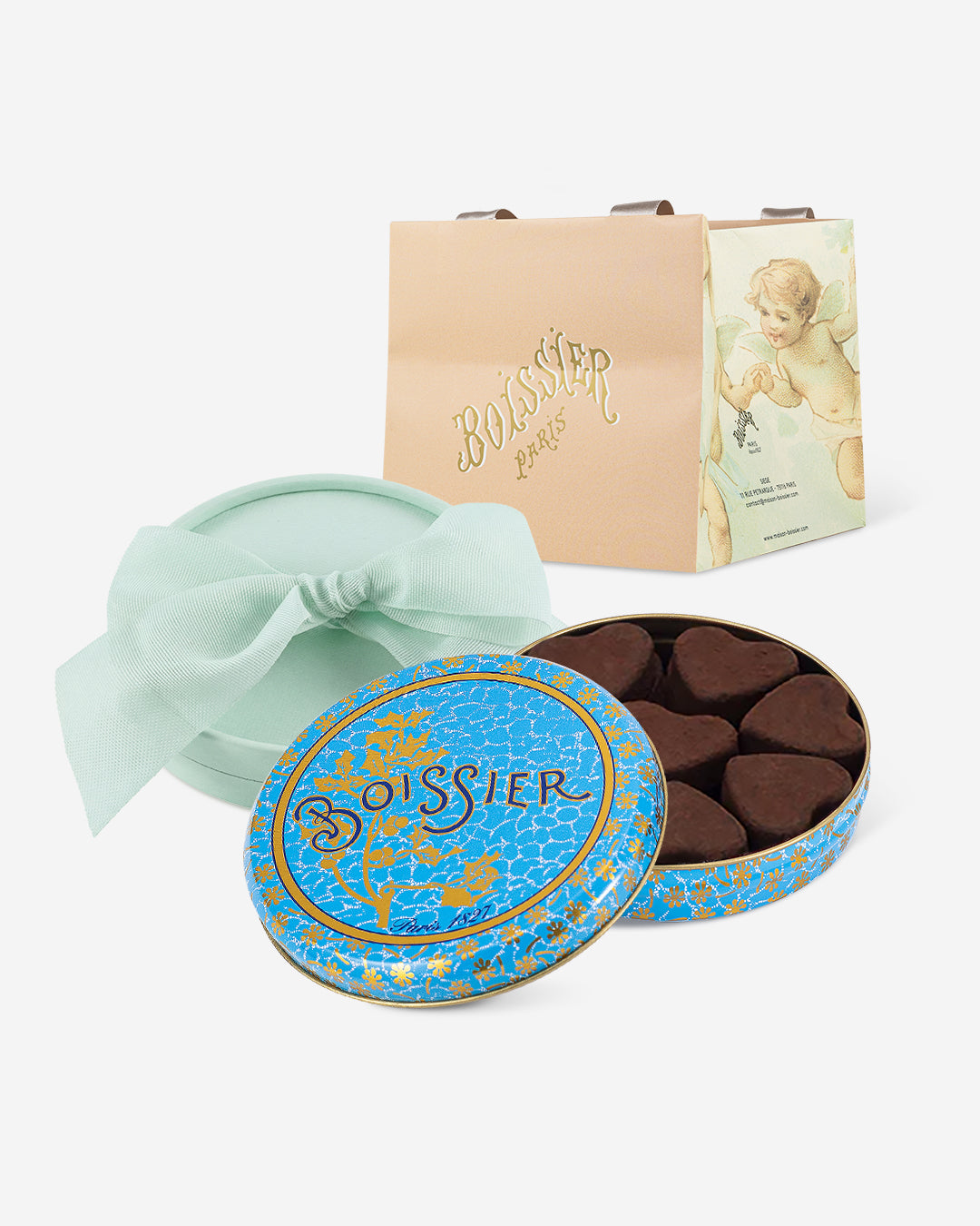 Boissier chocolate tin with a decorative lid on a white background
